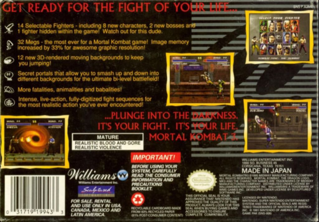 Mortal Kombat 3 - Nintendo Super Nintendo Entertainment System (SNES) (1-2) video game collectible - Main Image 2