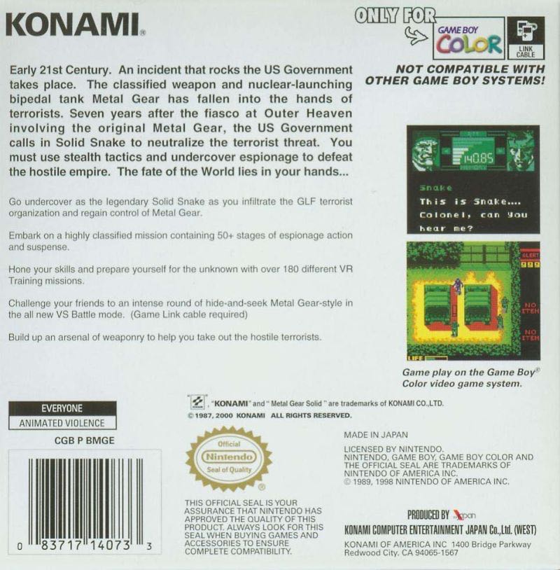 Metal Gear Solid - Nintendo Game Boy Color (Konami - 1) video game collectible [Barcode 0083717140733] - Main Image 2