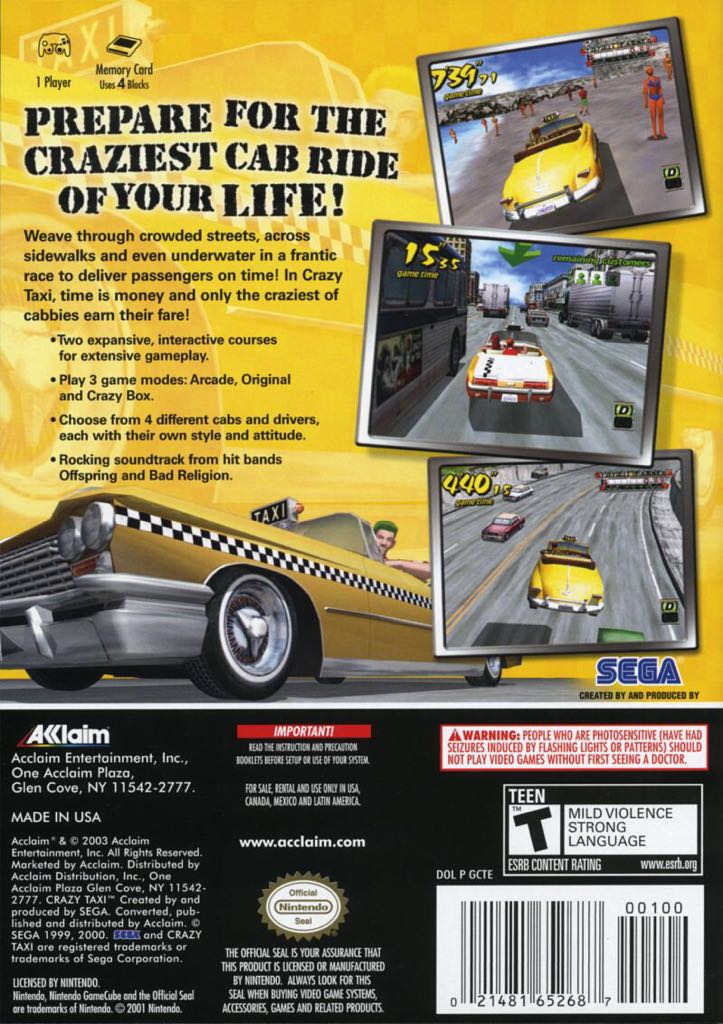 Crazy Taxi - Nintendo GameCube (Acclaim Entertainment - 1) video game collectible [Barcode 3455196526822] - Main Image 2