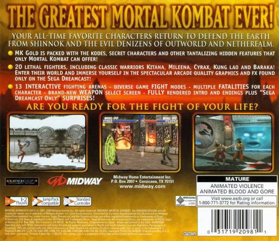 Mortal Kombat Gold - Sega Dreamcast (Midway Games - 2) video game collectible [Barcode 031719209811] - Main Image 2