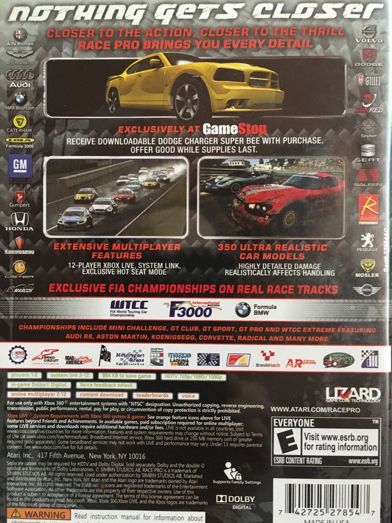 Race Pro - Microsoft Xbox 360 (Atari - 1-2) video game collectible [Barcode 742725278547] - Main Image 2