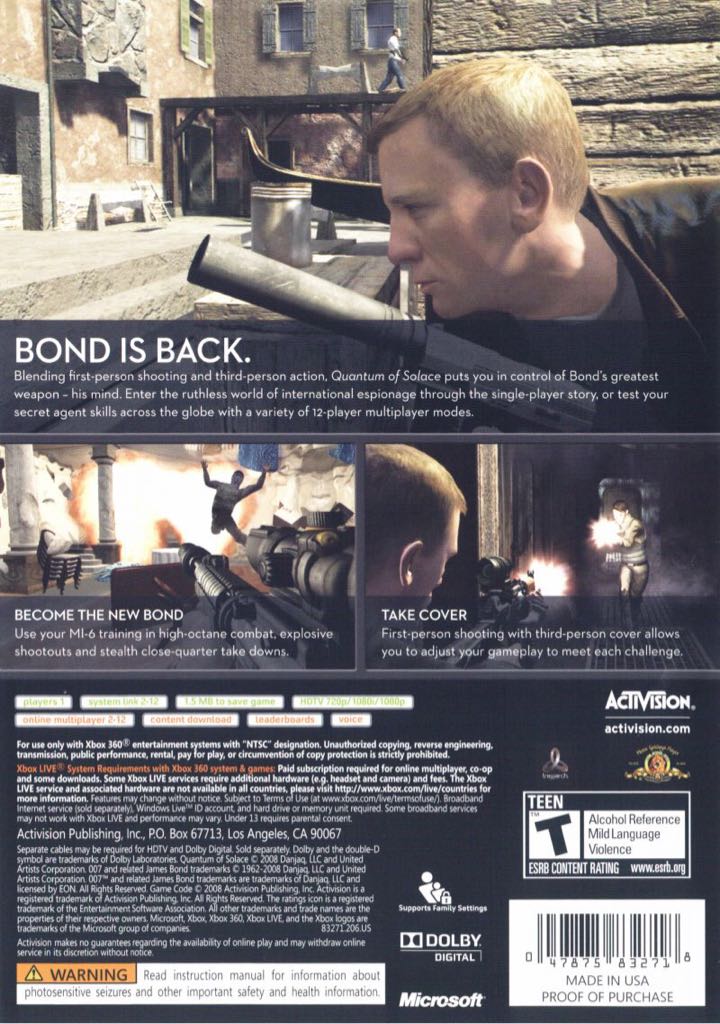 007 Quantum Of Solace - Microsoft Xbox 360 (Activision Blizzard - 1) video game collectible [Barcode 5030917058295] - Main Image 2