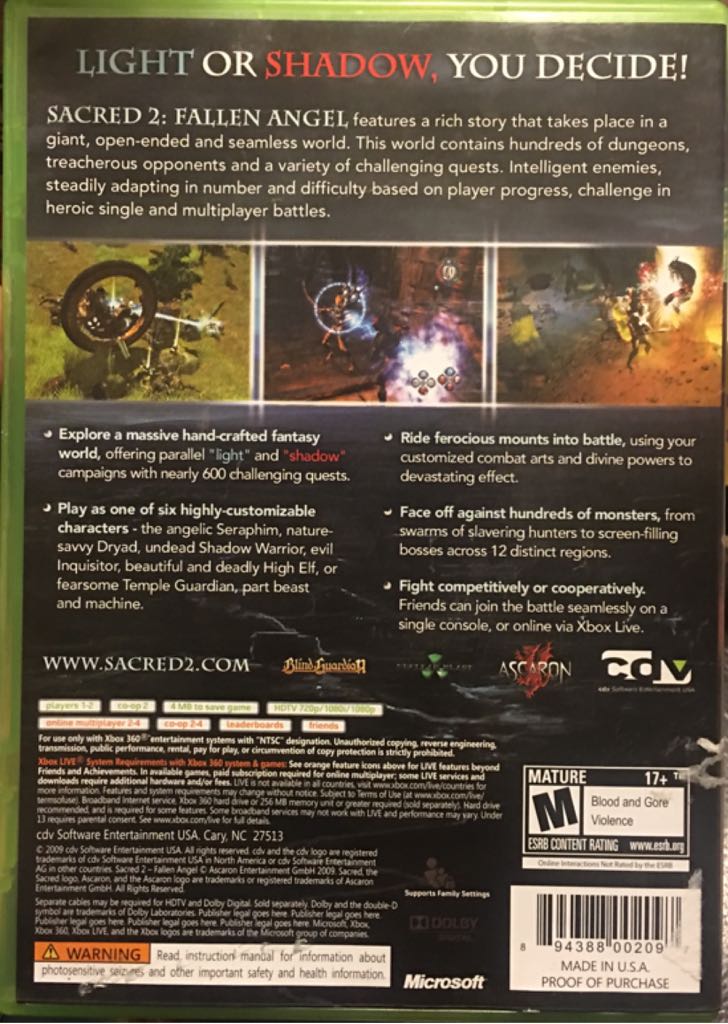 SACRED 2: FALLEN ANGEL - Microsoft Xbox 360 (Cdv Software Entertainment - 2) video game collectible [Barcode 894388002097] - Main Image 2