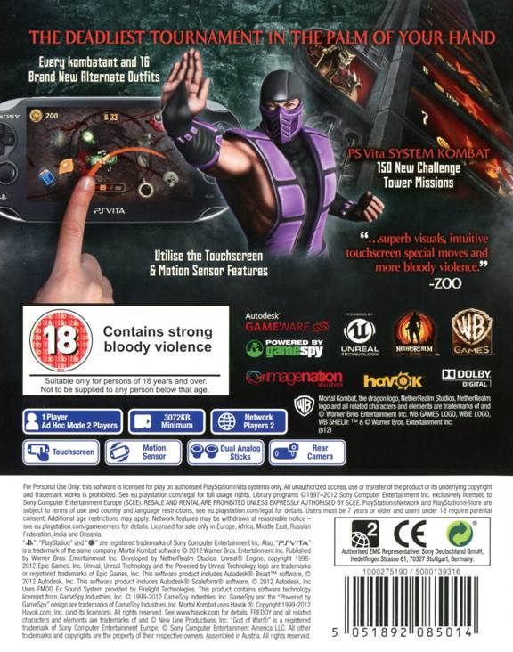 Mortal Kombat - Sony PlayStation Vita (PS Vita) (Warner Bros - Interactive - 1) video game collectible [Barcode 5051888090015] - Main Image 2