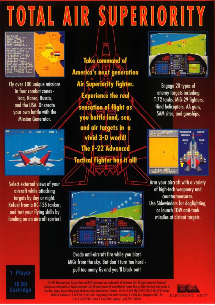 F-22 Interceptor - Sega Genesis (Mega Drive) (Electronic Arts - 1) video game collectible [Barcode 096427011439] - Main Image 2