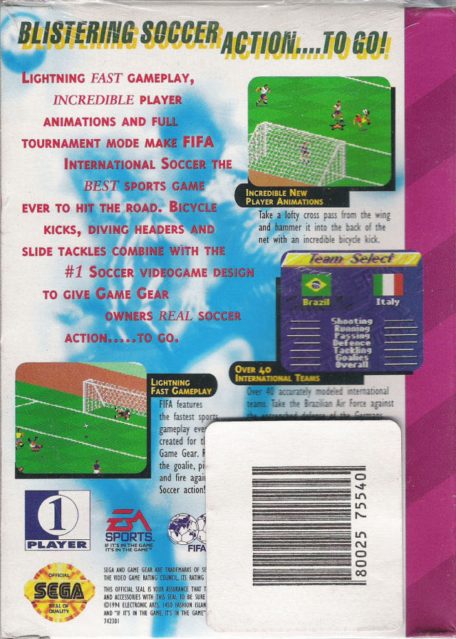 FIFA International Soccer (Cart Only) - Sega Game Gear (Electronic Arts (EA) - 1-2) video game collectible [Barcode 014633074239] - Main Image 2