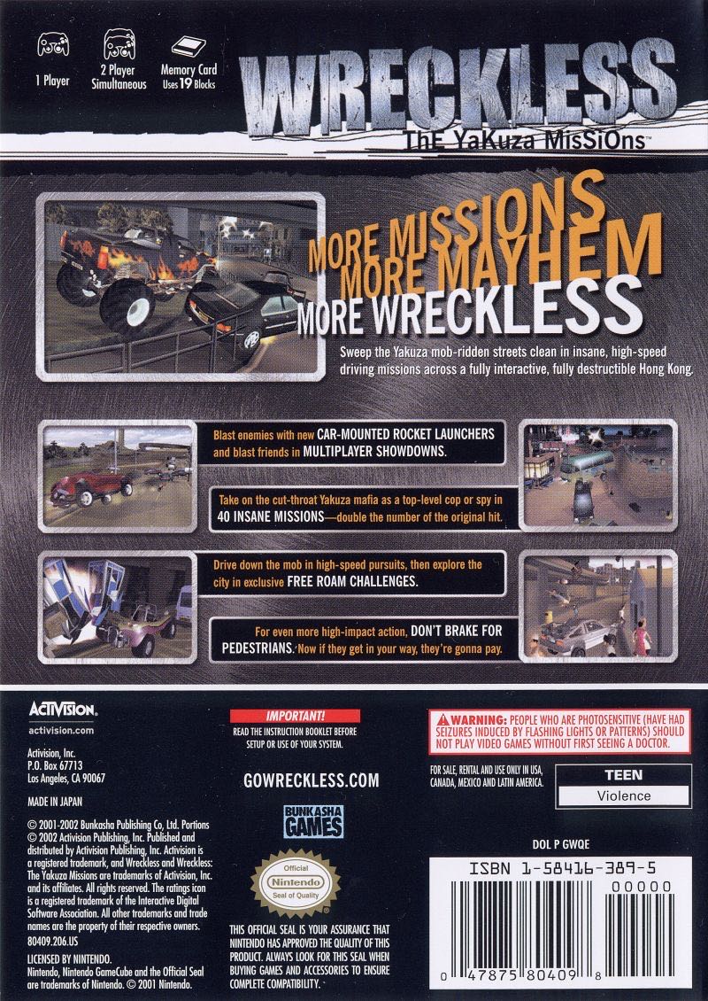 Wreckless: The Yakuza Missions  - Nintendo GameCube video game collectible [Barcode 4787580409] - Main Image 2
