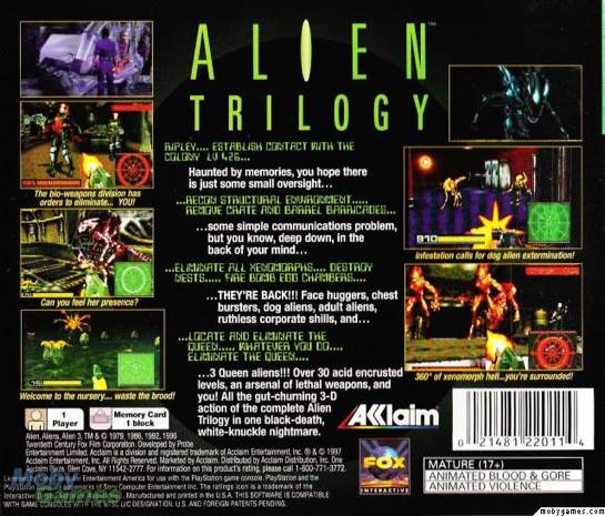 Alien Trilogy - Sony PlayStation (Acclaim Entertainment - 1) video game collectible [Barcode 021481220114] - Main Image 2
