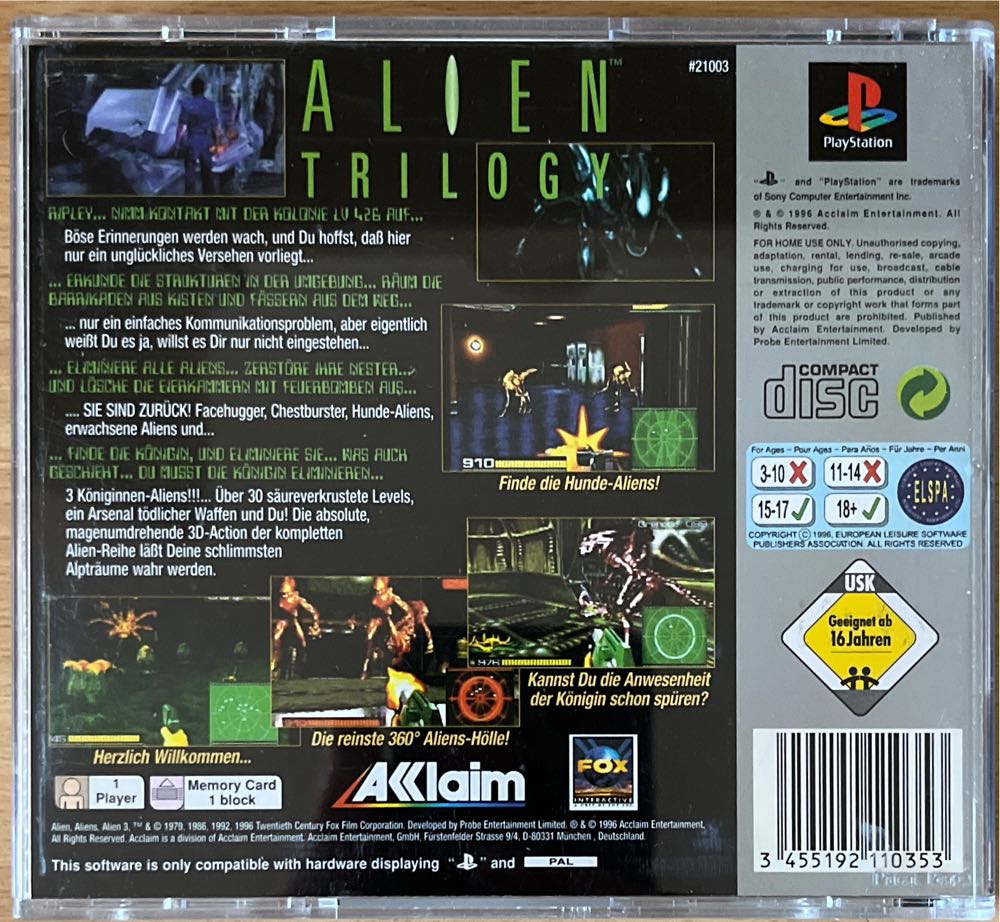 Alien Trilogy - Sony PlayStation (Acclaim Entertainment Inc. - 1) video game collectible [Barcode 3455192110353] - Main Image 2