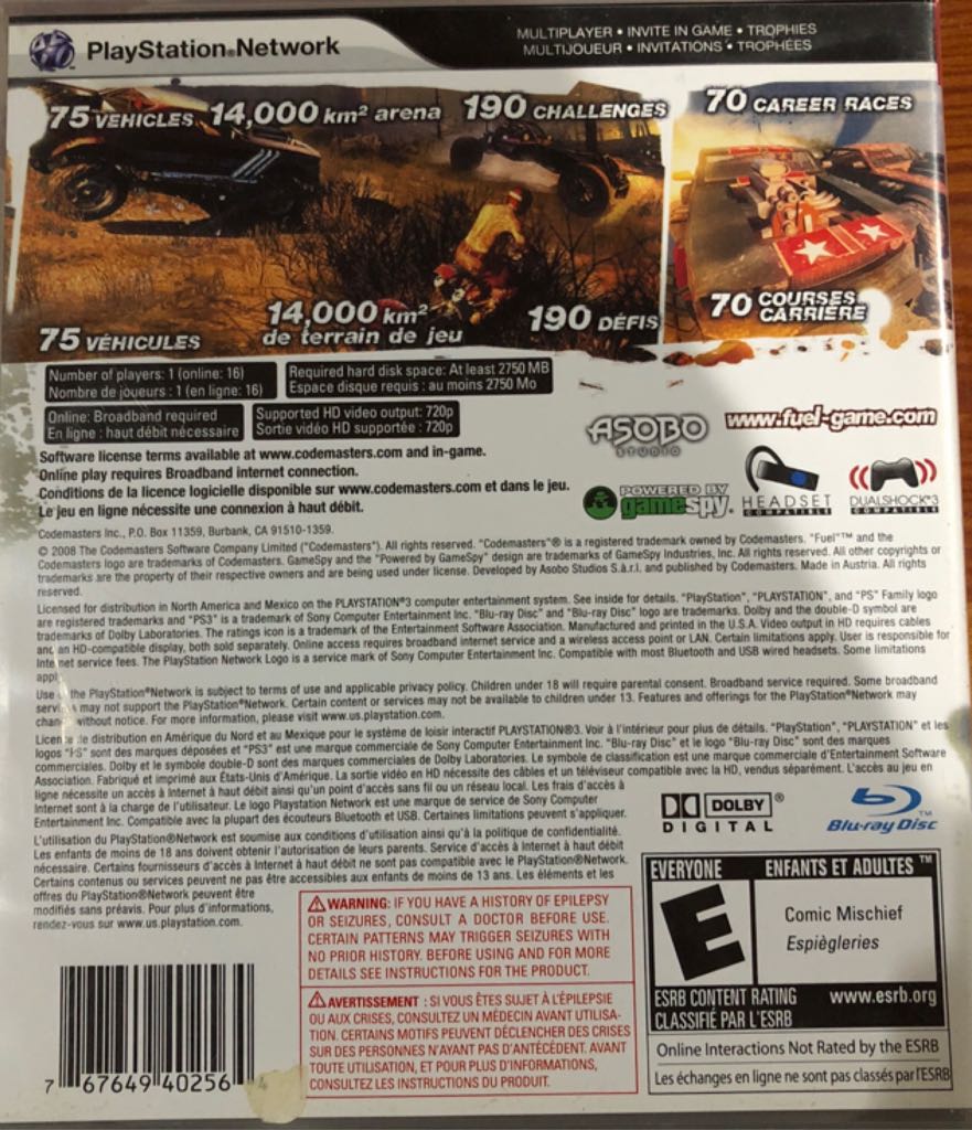 Fuel - Sony PlayStation 3 (PS3) (Codemasters - 1) video game collectible [Barcode 767649402564] - Main Image 2