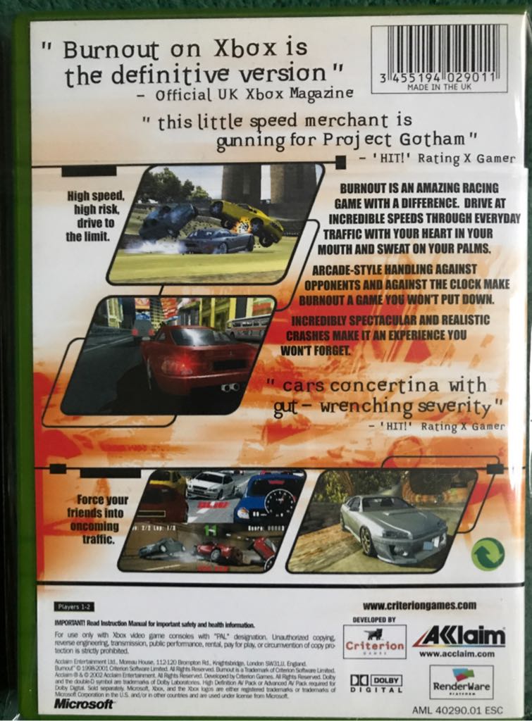 Burnout - Microsoft Xbox (Criterion Games - 1-2) video game collectible [Barcode 3455194029011] - Main Image 2