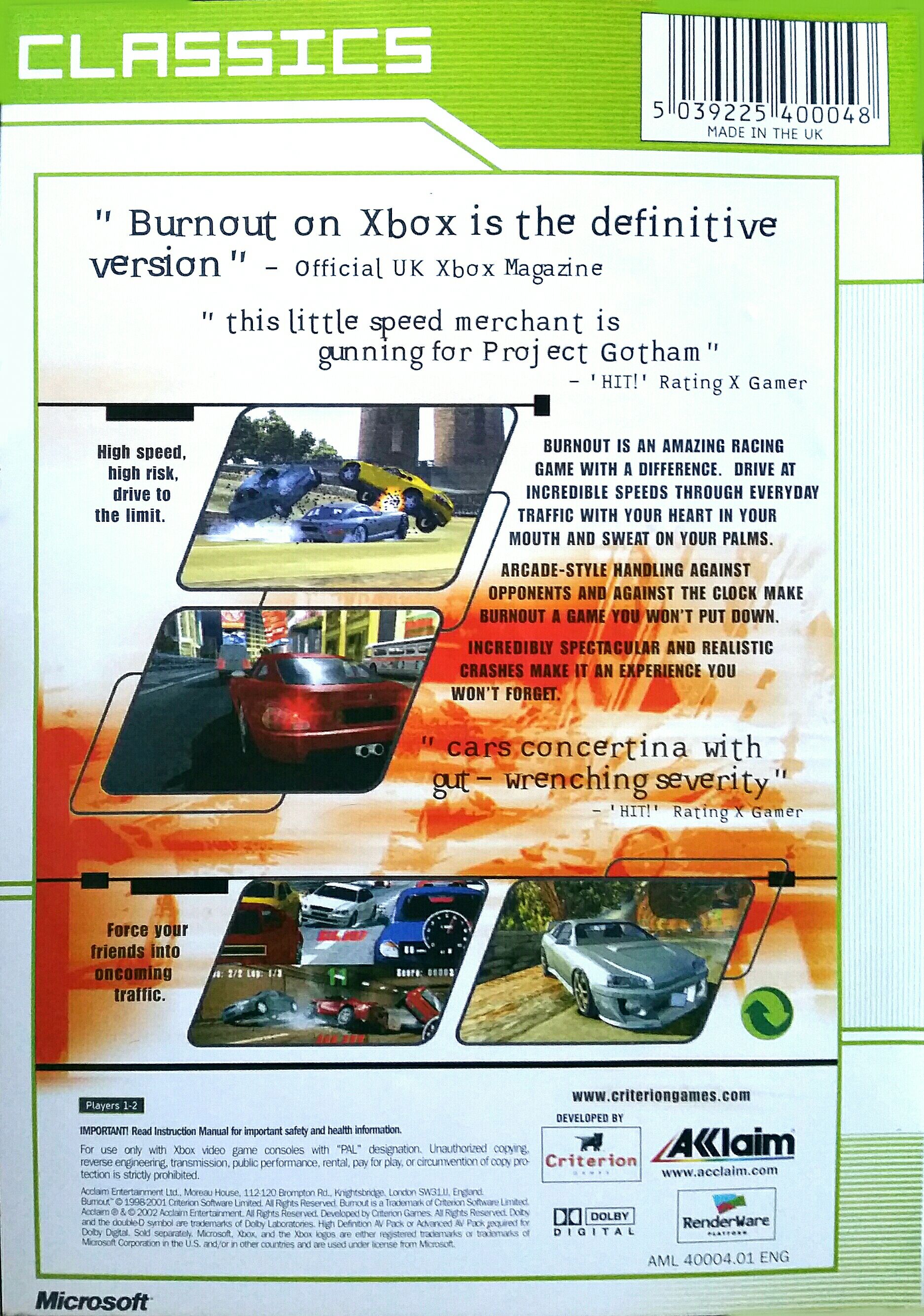 Burnout - Microsoft Xbox (Acclaim Enternainment - 1-2) video game collectible [Barcode 5039225030153] - Main Image 2