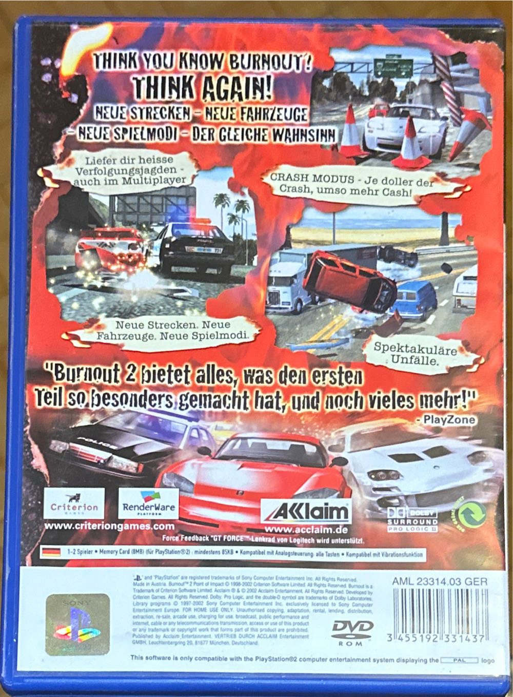 Burnout 2: Point of Impact - Sony PlayStation 2 (PS2) (Acclaim Entertainment - 1) video game collectible [Barcode 3455192331437] - Main Image 2