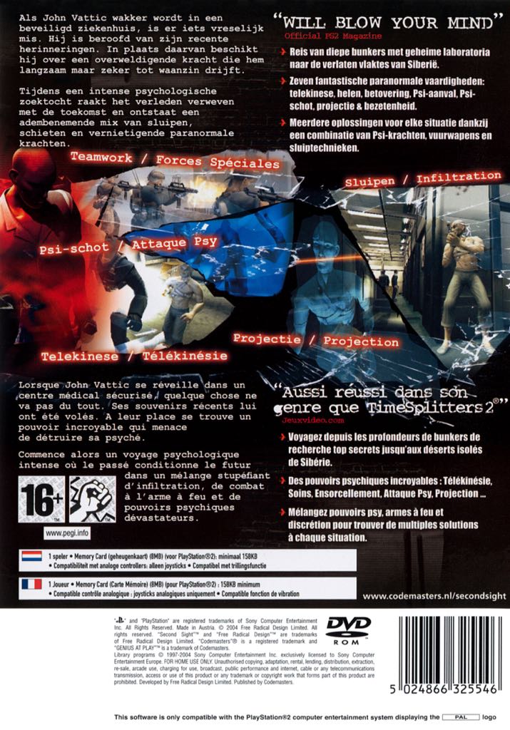 Second Sight - Sony PlayStation 2 (PS2) (Codemasters - 1) video game collectible [Barcode 5024866325492] - Main Image 2