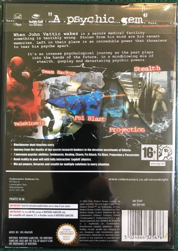 Second Sight - Nintendo GameCube (Codemasters - 1) video game collectible [Barcode 5024866325676] - Main Image 2