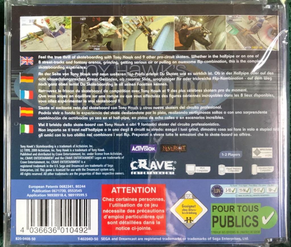 Tony Hawk’s Skateboarding - Sega Dreamcast (Crave Entertainment, Inc. - 1-2) video game collectible [Barcode 4036636010492] - Main Image 2