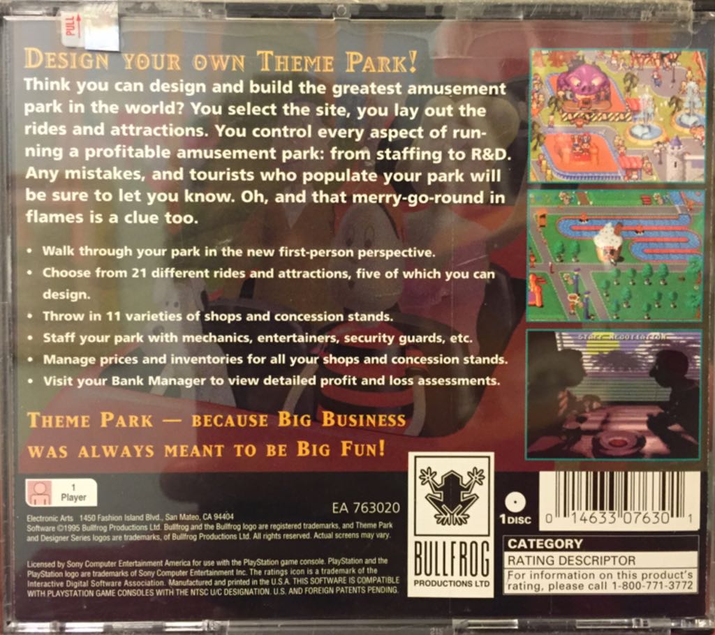 PS1 Theme Park - Sony PlayStation Network (PSN) (Bullfrog Productions - 1) video game collectible [Barcode 014633076301] - Main Image 2