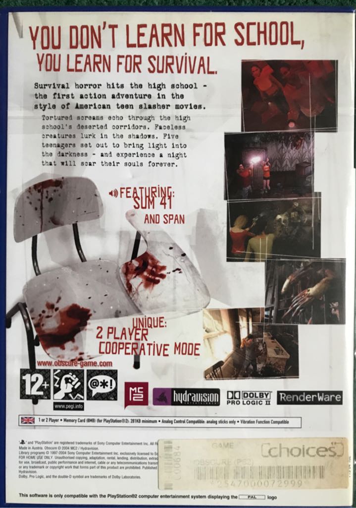 Obscure - Sony PlayStation 2 (PS2) video game collectible [Barcode 3307210179265] - Main Image 2