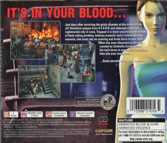 Resident Evil 3 Nemesis: With Dino Crisis Demo - Sony PlayStation (Capcom USA, Inc. - 1) video game collectible [Barcode 013388210565] - Main Image 2