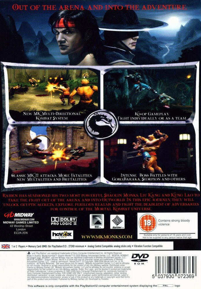 Mortal Kombat: Shaolin Monks - Sony PlayStation 2 (PS2) (Midway - 1-2) video game collectible [Barcode 5037930072390] - Main Image 2