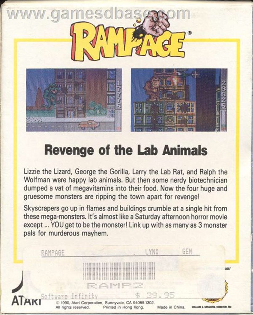 Rampage - Atari Lynx (Atari Corporation - 4) video game collectible [Barcode 077000504876] - Main Image 2