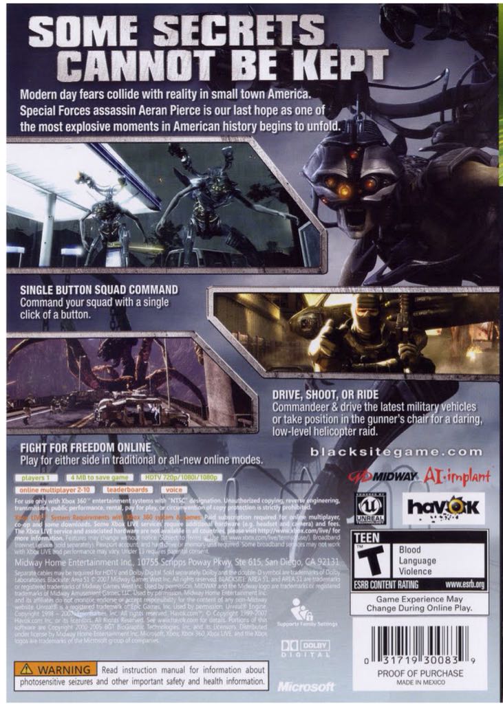 Blacksite: Area 51 - Microsoft Xbox 360 (Midway Games - 1) video game collectible [Barcode 031719300839] - Main Image 2