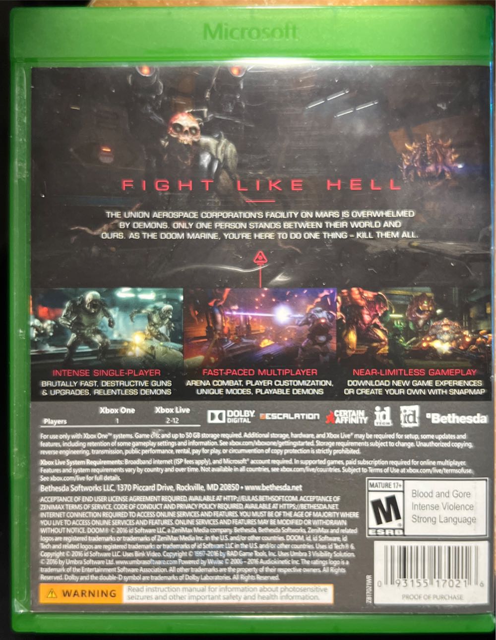 Doom (2016) - Microsoft Xbox One (ZeniMax Media - 1) video game collectible [Barcode 093155170247] - Main Image 3