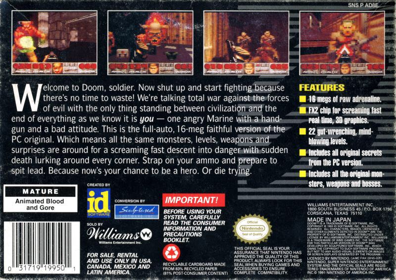 Doom - Nintendo Super Nintendo Entertainment System (SNES) (Williams Entertainment Inc. - 1) video game collectible - Main Image 2
