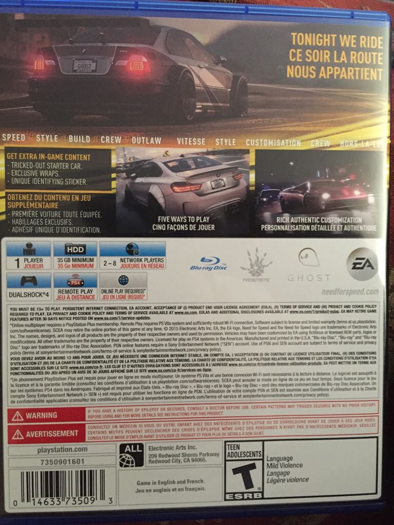 Need for Speed - Sony PlayStation 4 (PS4) ((EA) Electronic Arts - 1) video game collectible [Barcode 014633368611] - Main Image 2