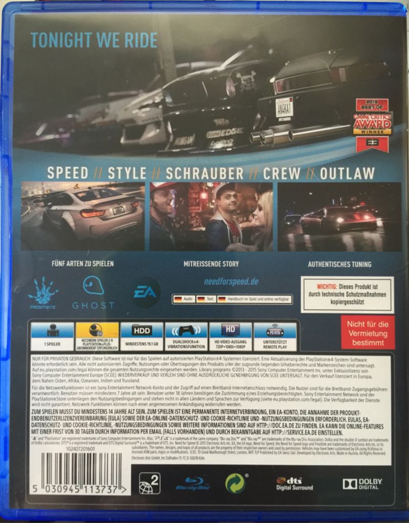 Need for Speed - Sony PlayStation 4 (PS4) ((EA) Electronic Arts - 1) video game collectible [Barcode 5030945113737] - Main Image 2