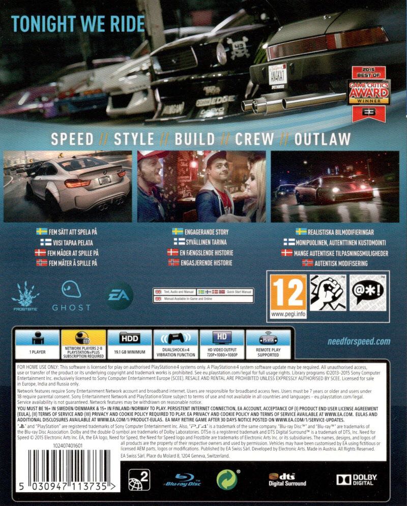 Need for Speed - Sony PlayStation 4 (PS4) ((EA) Electronic Arts - 1 / 2) video game collectible [Barcode 5030946113736] - Main Image 2