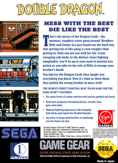 DOUBLE DRAGON - Sega Game Gear (Virgin Games - 1) video game collectible - Main Image 2