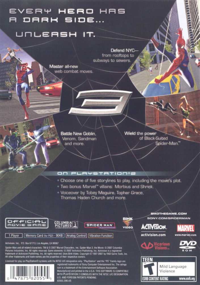 Spider-Man 3 - Sony PlayStation 2 (PS2) (Activision - 1) video game collectible [Barcode 047875820555] - Main Image 2