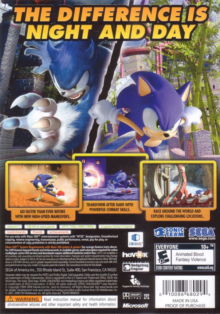 Sonic Unleashed - Microsoft Xbox 360 (Sega - 1) video game collectible [Barcode 5060138441781] - Main Image 2