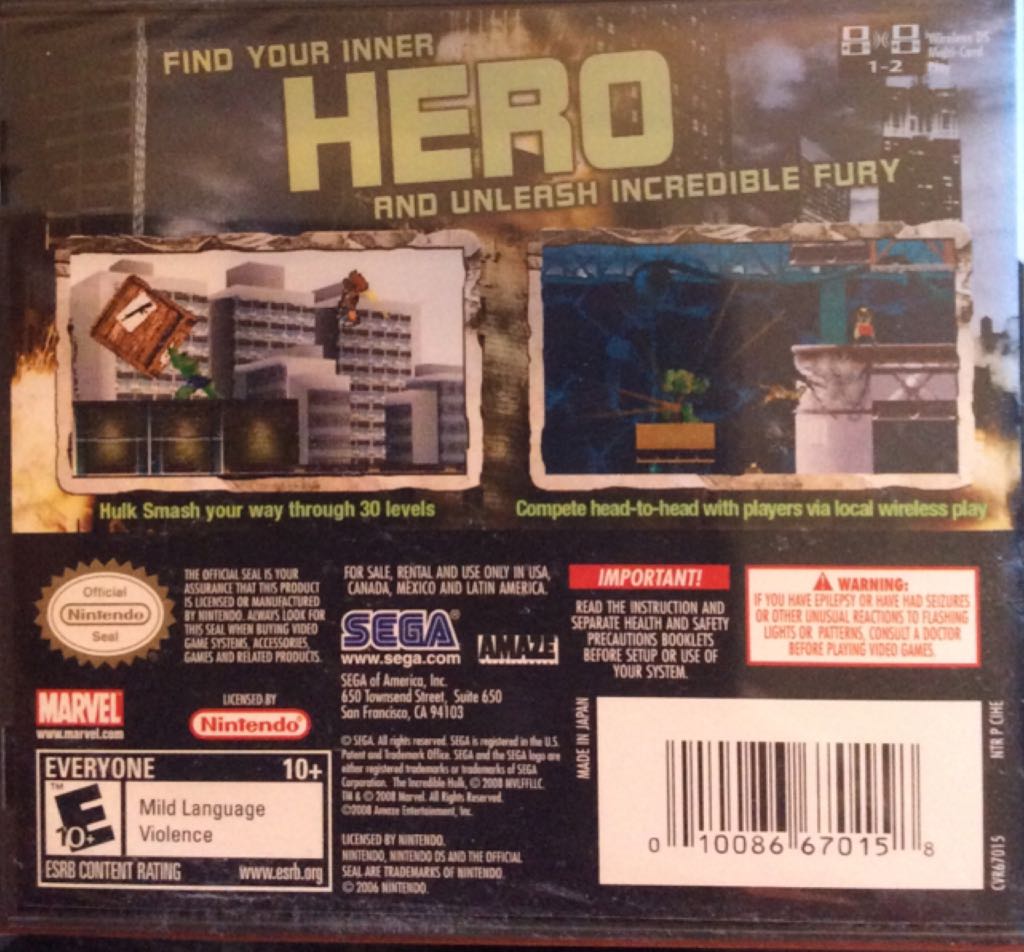 The Incredible Hulk - Nintendo DS (SEGA/Marvel Games - 1) video game collectible [Barcode 010086670158] - Main Image 2