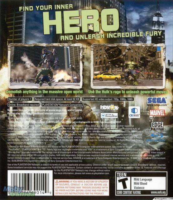 The Incredible Hulk - Sony PlayStation 3 (PS3) (Sega - 1) video game collectible [Barcode 010086690149] - Main Image 2