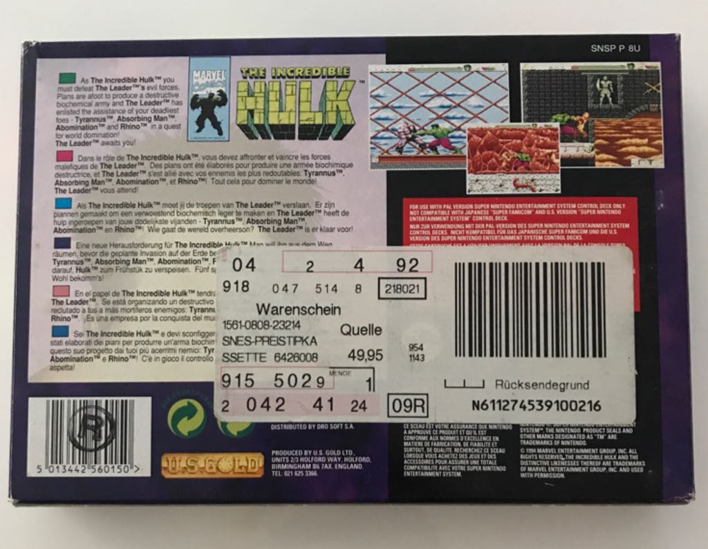 The Incredible Hulk - Nintendo Super Nintendo Entertainment System (SNES) video game collectible - Main Image 2