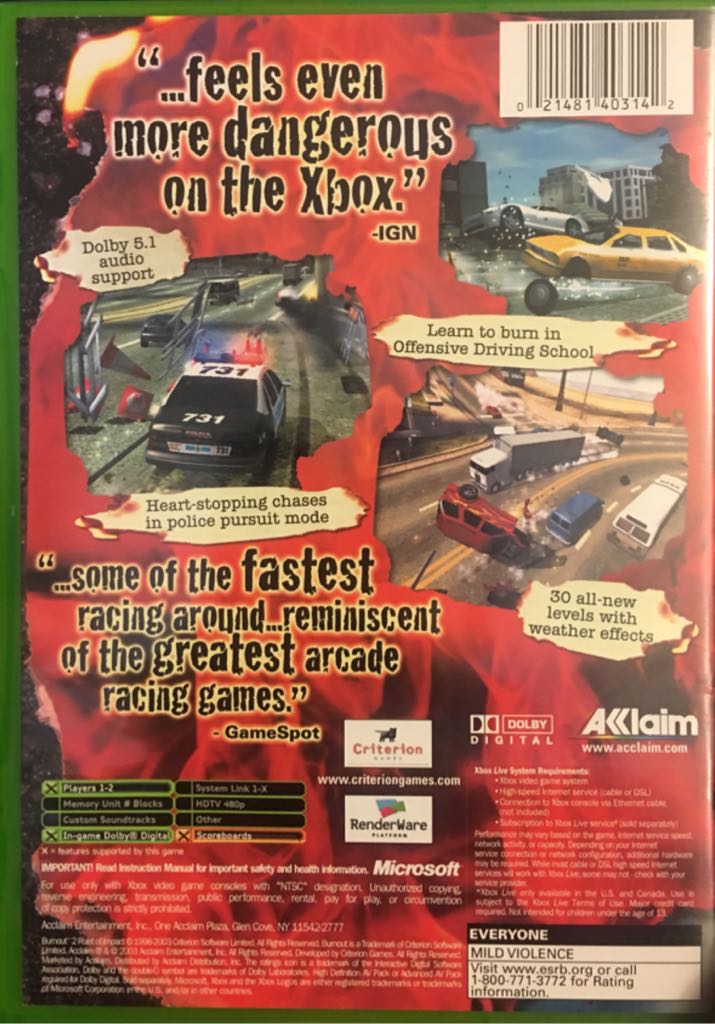Burnout 2 Point of Impact - X 7.0 - Microsoft Xbox (Acclaim Entertainment - 2) video game collectible [Barcode 021481403142] - Main Image 2