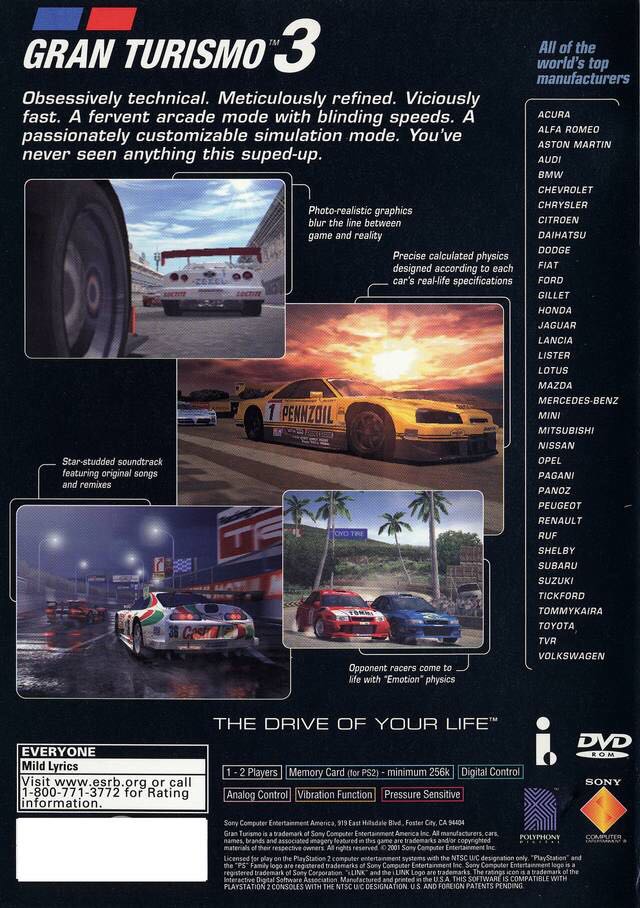 Gran Turismo 3 A-Spec - Sony PlayStation 2 (PS2) (Sony Computer Entertainment - 2) video game collectible [Barcode 307093901] - Main Image 2