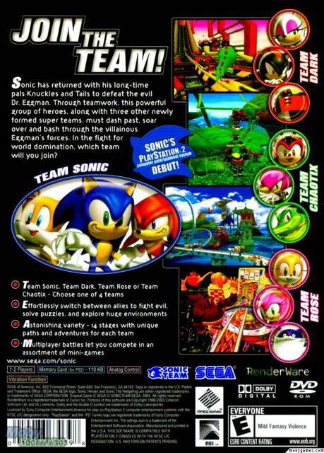 Sonic Heroes (Greatest Hits) - Sony PlayStation 2 (PS2) (Sega - 2) video game collectible [Barcode 010086630398] - Main Image 2