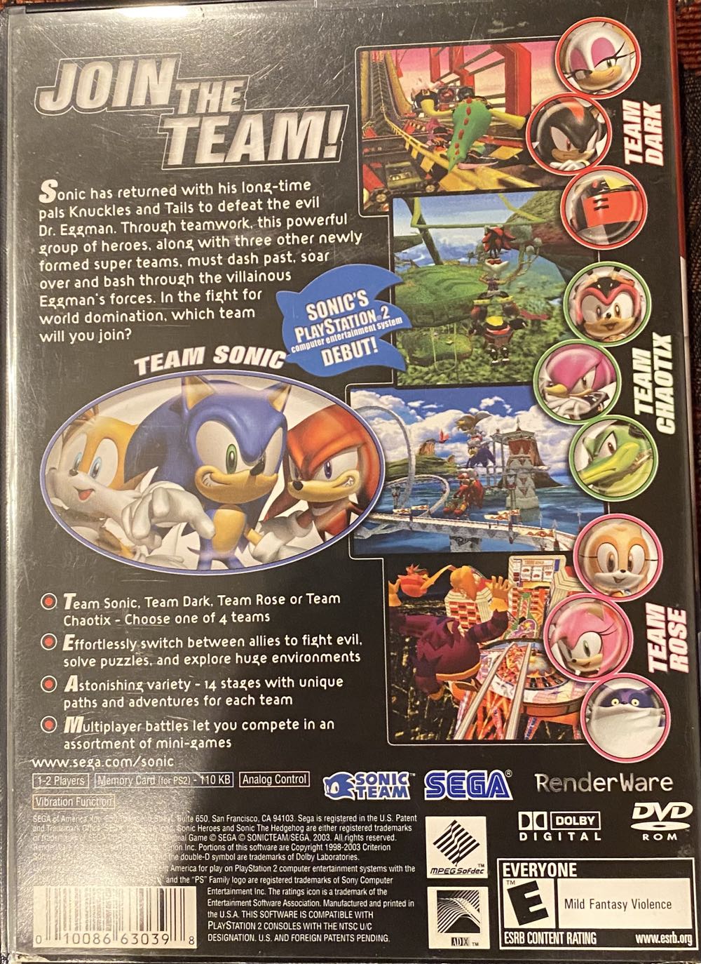 Sonic Heroes (Greatest Hits) - Sony PlayStation 2 (PS2) (Sega - 2) video game collectible [Barcode 010086630398] - Main Image 4