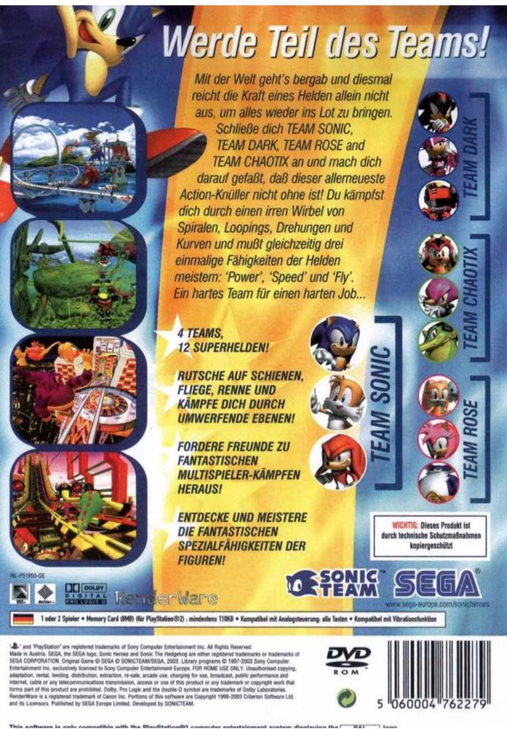 Sonic Heroes - Sony PlayStation 2 (PS2) (SEGA Europe Limited - 1-2) video game collectible [Barcode 5060004762262] - Main Image 2