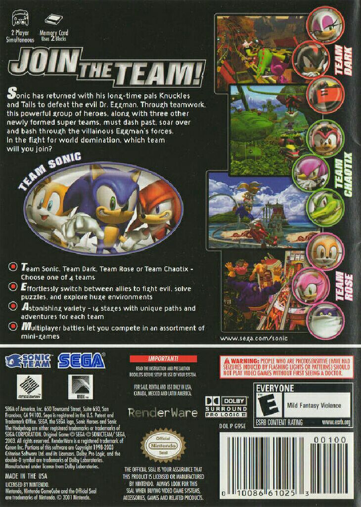 Sonic Heroes - Nintendo GameCube (Sega - 1-2) video game collectible [Barcode 5060004762354] - Main Image 2