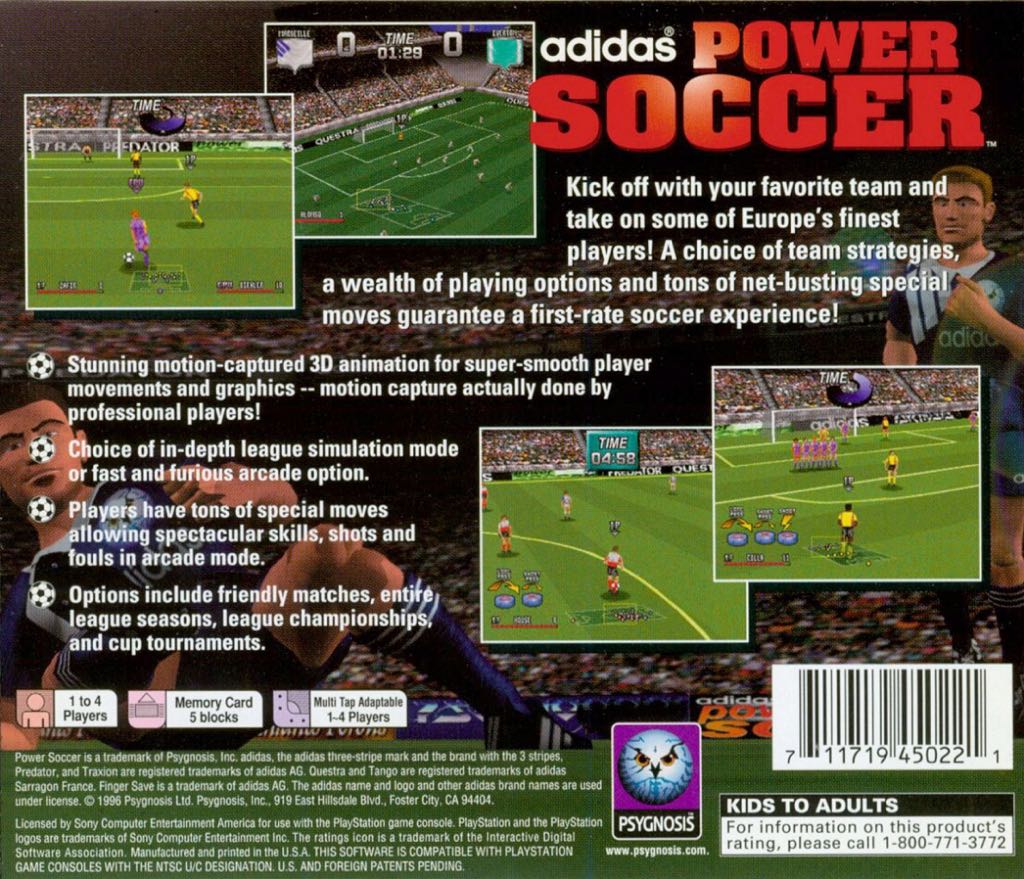Adidas Power Soccer - Sony PlayStation (Psygnosis - 1-2) video game collectible [Barcode 711719617624] - Main Image 2