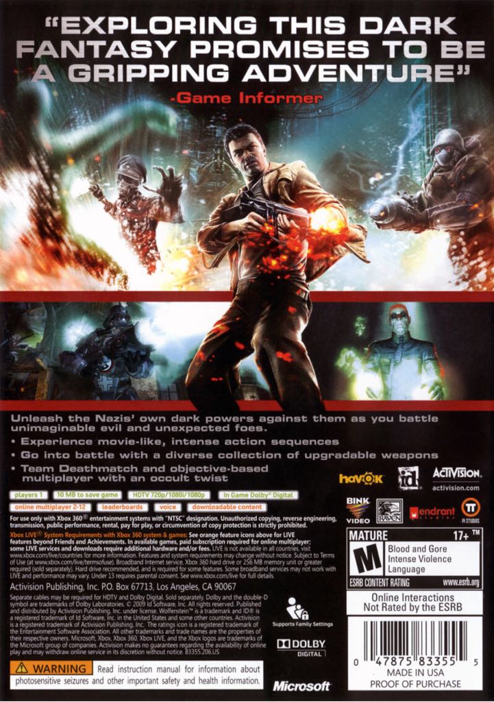 Wolfenstein - Microsoft Xbox 360 (Activision - 2) video game collectible [Barcode 5030917069512] - Main Image 2