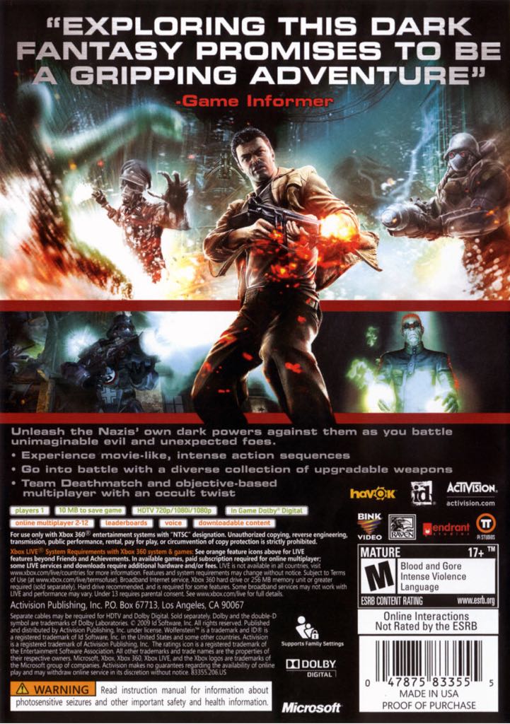 Wolfenstein - Microsoft Xbox 360 (Activision Blizzard) video game collectible [Barcode 5030917073694] - Main Image 2