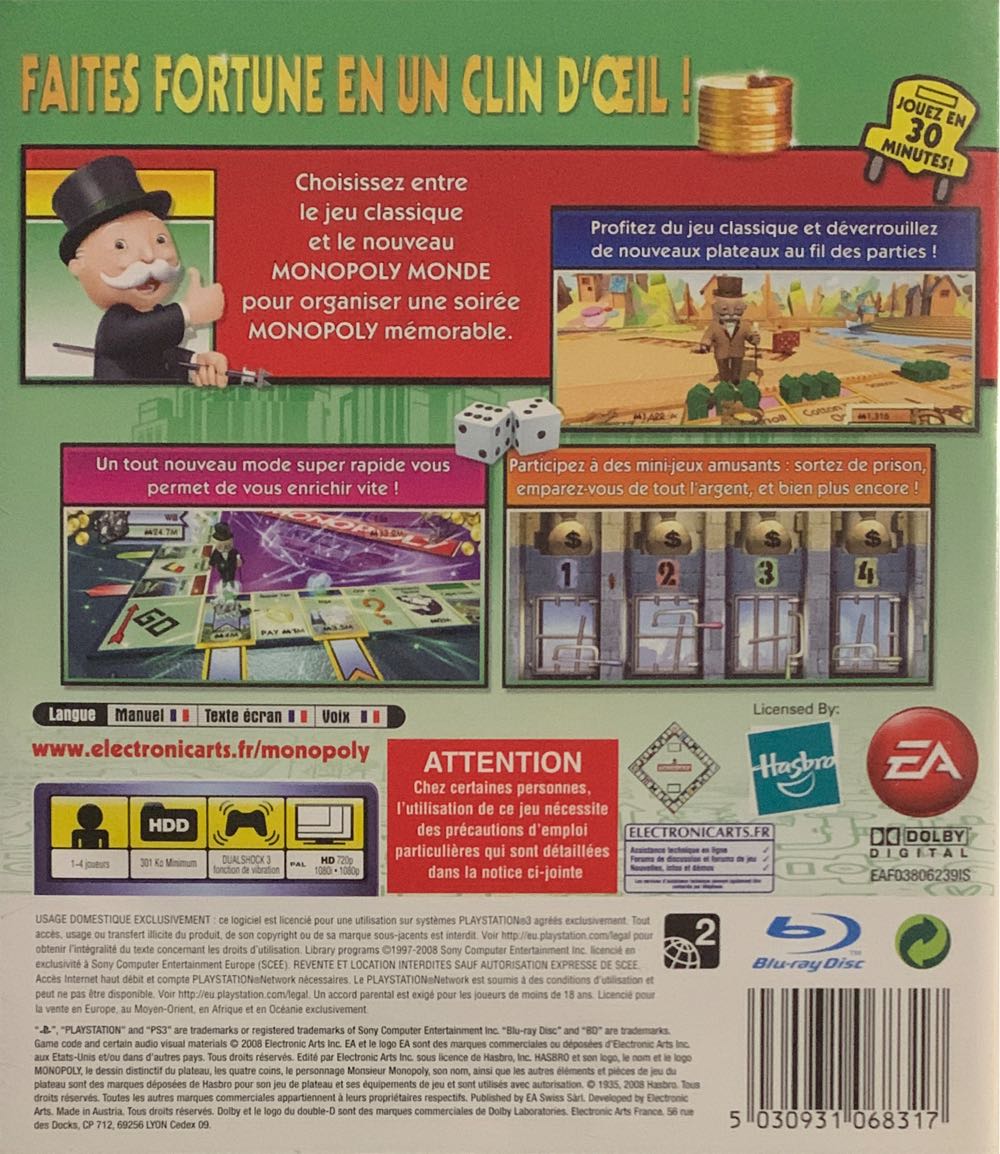 Monopoly - Éditions Classique et Monde - Sony PlayStation 3 (PS3) (EA Swiss Sarl - 1-4) video game collectible [Barcode 5030931068317] - Main Image 2