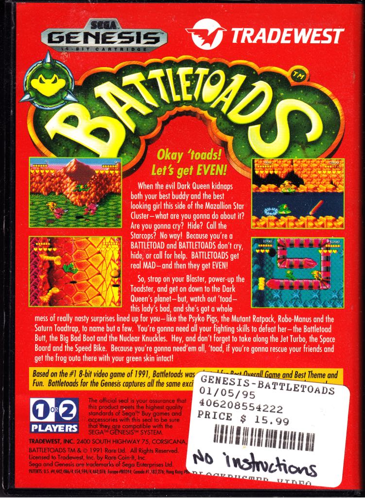 Battletoads - Sega Genesis (Mega Drive) (Tradewest - 2) video game collectible [Barcode 031719209200] - Main Image 2