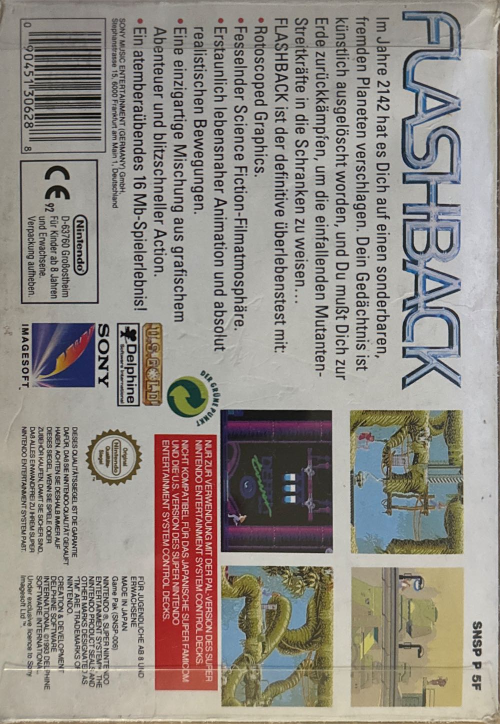 Flashback - Nintendo Super Nintendo Entertainment System (SNES) (U.S.Gold - 1) video game collectible [Barcode 090451306288] - Main Image 2