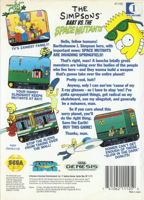The Simpsons Bart Vs The Space Mutants - Sega Genesis (Mega Drive) (Acclaim Entertainment - 1) video game collectible [Barcode 741062111050] - Main Image 2